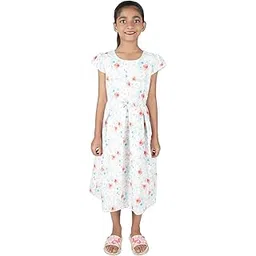 Zyrix Girls Cotton Flower Printed Cap Sleeve Round Neck Above Knee Length Frock for Festival White-picture-18